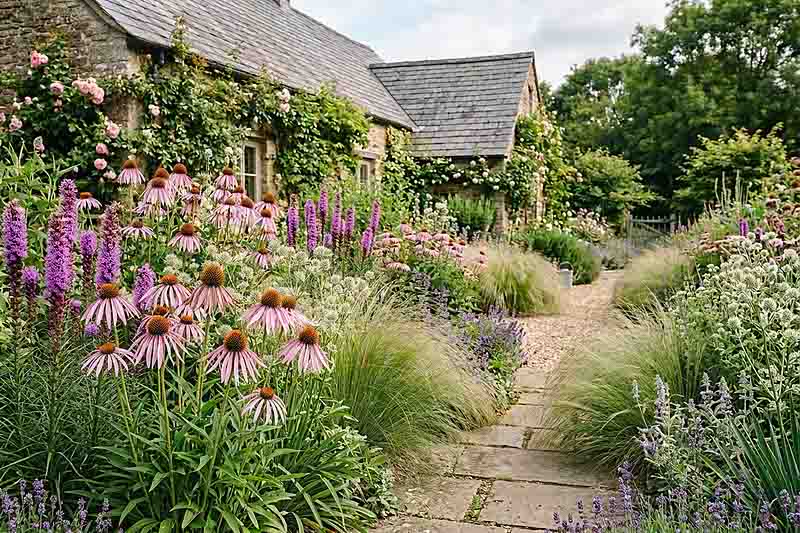 An Elegant Prairie Garden with Coneflowers and Blazing Star. Echinacea pallida, Liatris pycnostachya, Eryngium yuccifolium, Sporobolus heterolepis