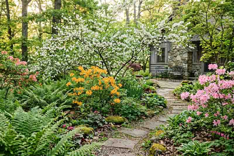 Native Woodland Garden with Halesia, Azaleas and Ferns