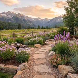 A Romantic Native Garden with Summer Blooms. Liatris ligulistylis, Monarda fistulosa, Erigeron speciosus, Schizachyrium scoparium