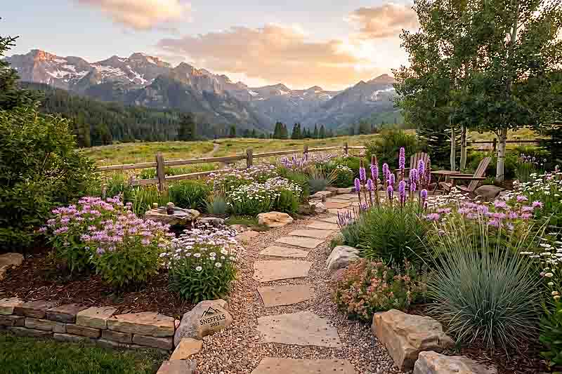 A Romantic Native Garden with Summer Blooms. Liatris ligulistylis, Monarda fistulosa, Erigeron speciosus, Schizachyrium scoparium